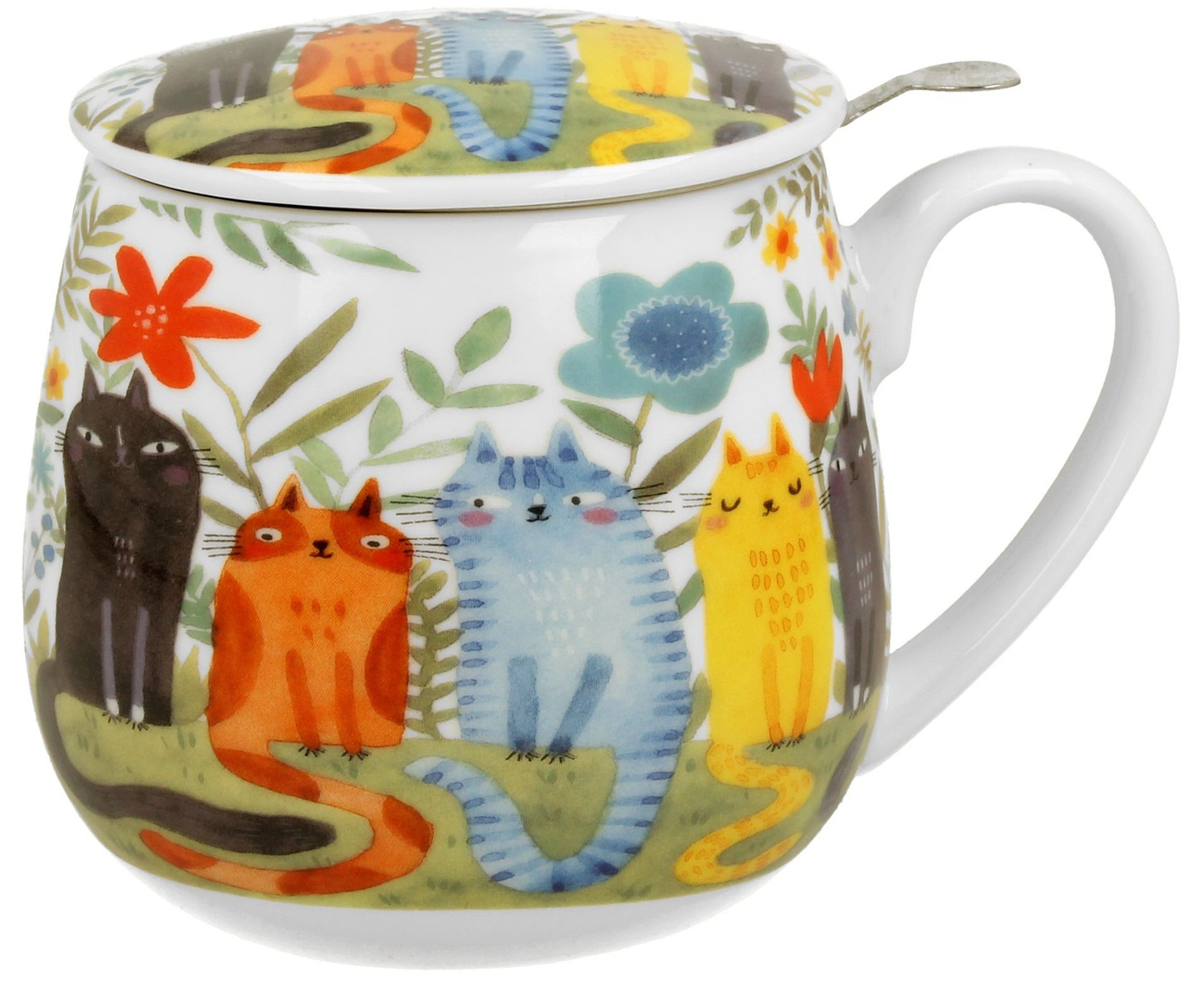 Kubek porcelanowy baryłka Koty Ogrodowe 430 ml otwarty, z zaparzaczem i pokrywką.