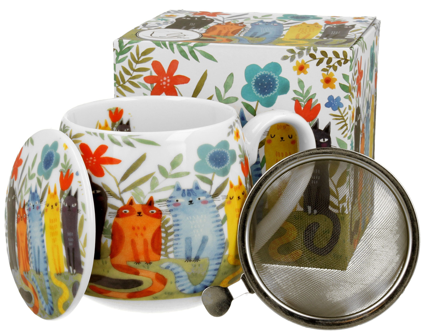 Zestaw kubka baryłka z zaparzaczem i pudełkiem Koty Ogrodowe 430 ml w kolorowy wzór.