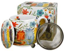 Zestaw kubka baryłka z zaparzaczem i pudełkiem Koty Ogrodowe 430 ml w kolorowy wzór.