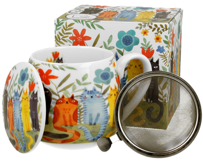 Zestaw kubka baryłka z zaparzaczem i pudełkiem Koty Ogrodowe 430 ml w kolorowy wzór.