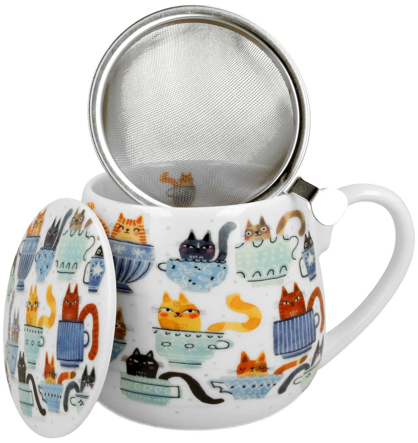 Kubek porcelanowy baryłka Koty w Filiżankach 430 ml z zaparzaczem i pokrywką, widoczne zabawne motywy kotów.
