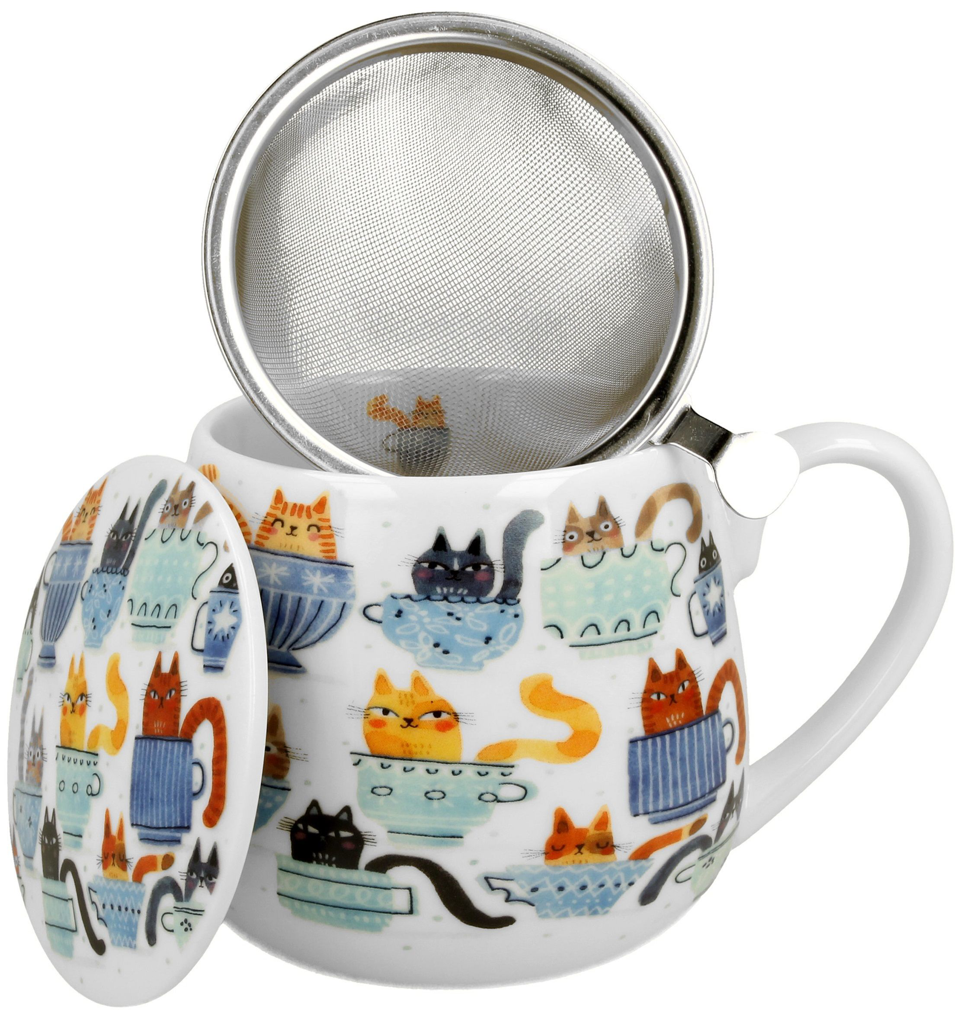 Kubek porcelanowy baryłka Koty w Filiżankach 430 ml z zaparzaczem i pokrywką, widoczne zabawne motywy kotów.