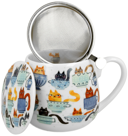 Kubek porcelanowy baryłka Koty w Filiżankach 430 ml z zaparzaczem i pokrywką, widoczne zabawne motywy kotów.