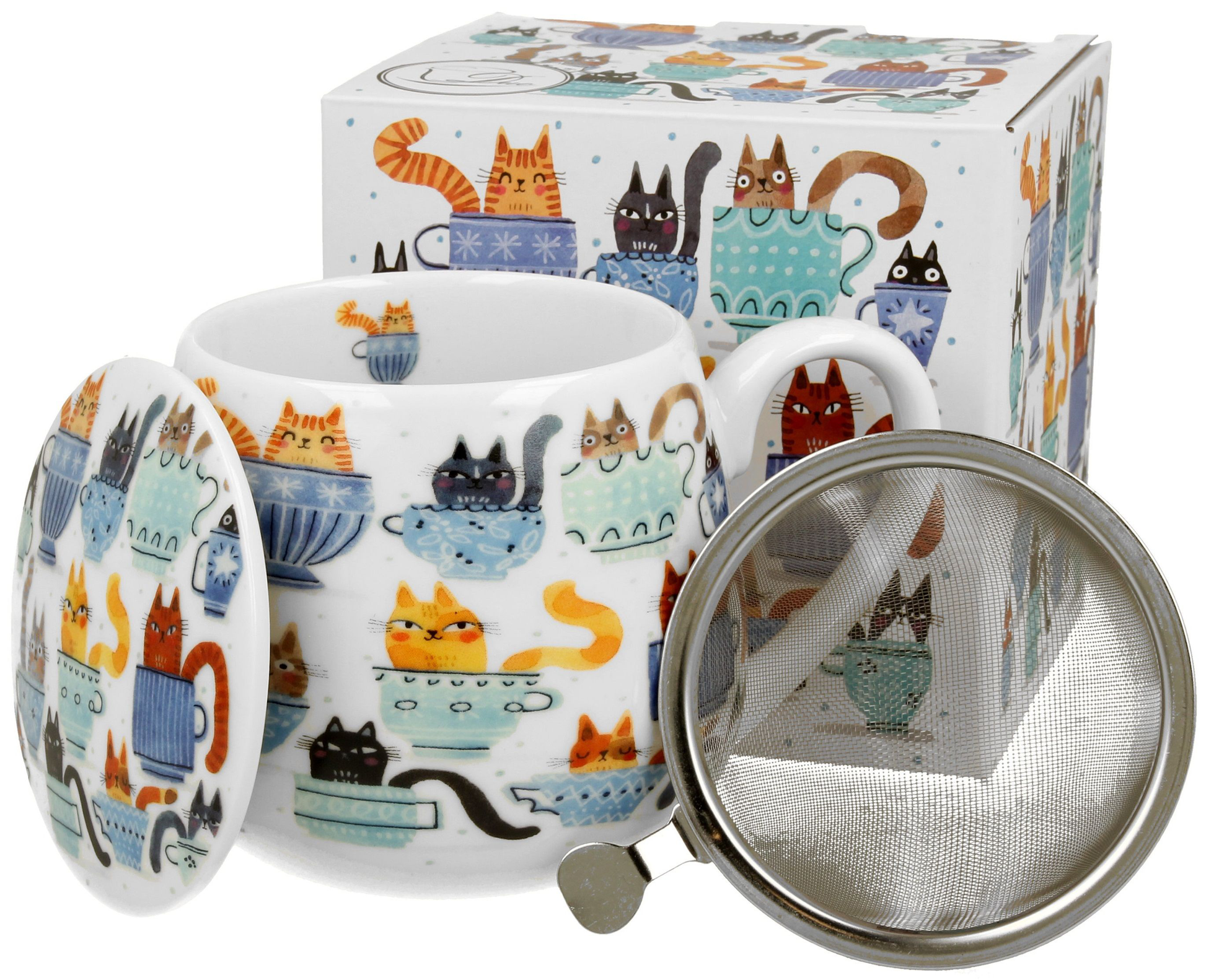 Zestaw kubek baryłka Koty w Filiżankach 430 ml z zaparzaczem, pokrywką i pudełkiem prezentowym.