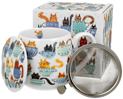 Zestaw kubek baryłka Koty w Filiżankach 430 ml z zaparzaczem, pokrywką i pudełkiem prezentowym.