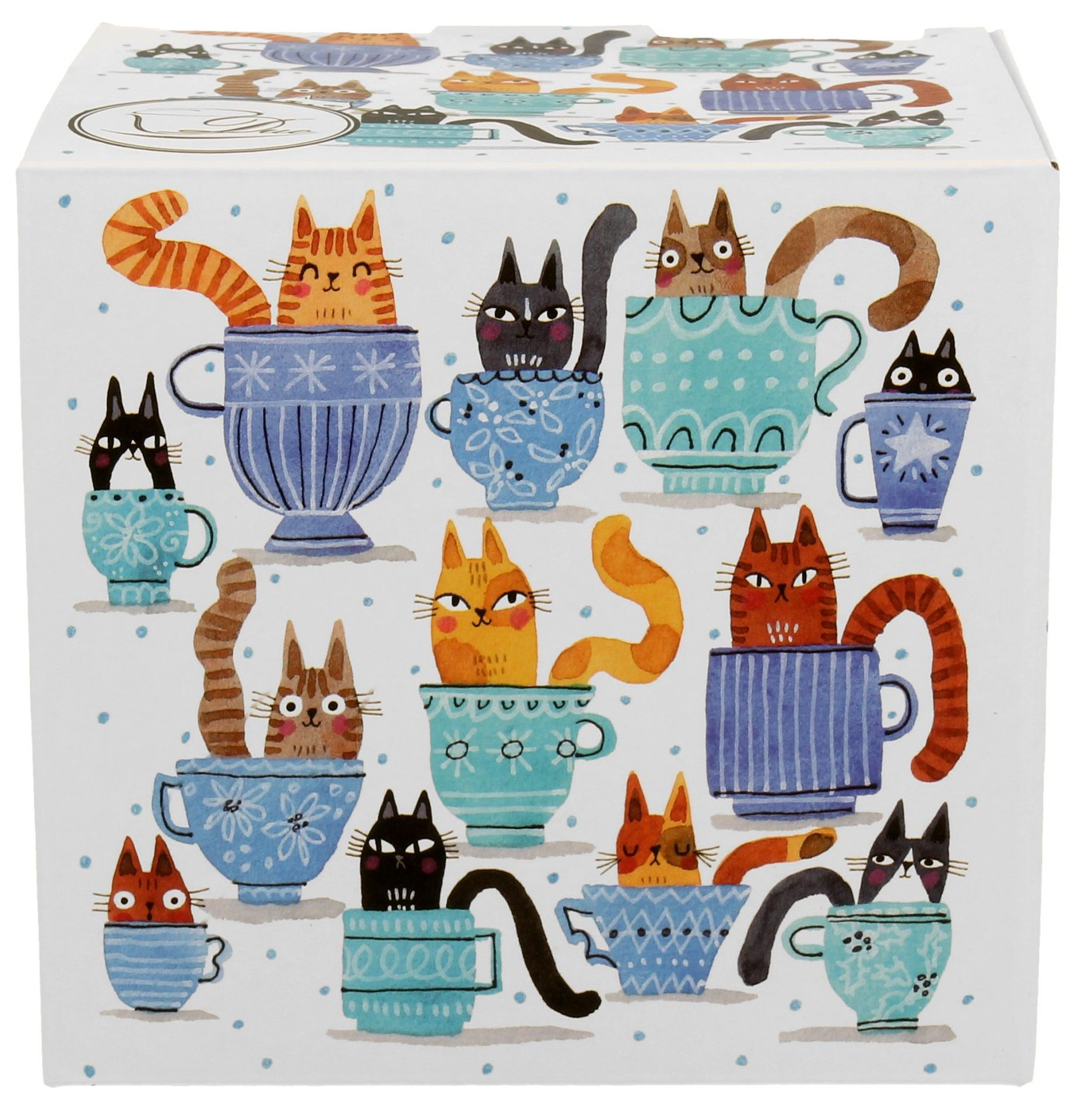 Pudełko prezentowe ozdobione ilustracjami kolorowych kotów siedzących w filiżankach i kubkach.