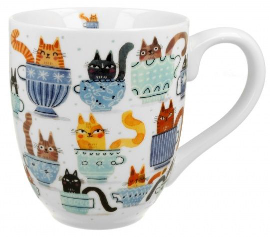 Duży kubek porcelanowy 1000 ml z ilustracjami kotów w filiżankach – widok z przodu.