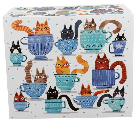Ozdobne pudełko porcelanowego kubka XXL z kolorowym motywem kotów w filiżankach.