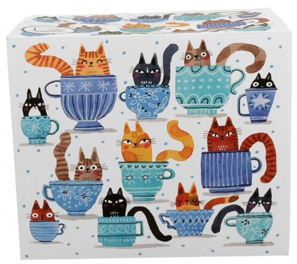 Ozdobne pudełko porcelanowego kubka XXL z kolorowym motywem kotów w filiżankach.