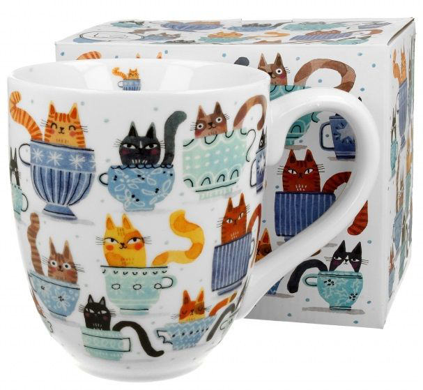 Kubek XXL z kotami w filiżankach wraz z dopasowanym ozdobnym pudełkiem.