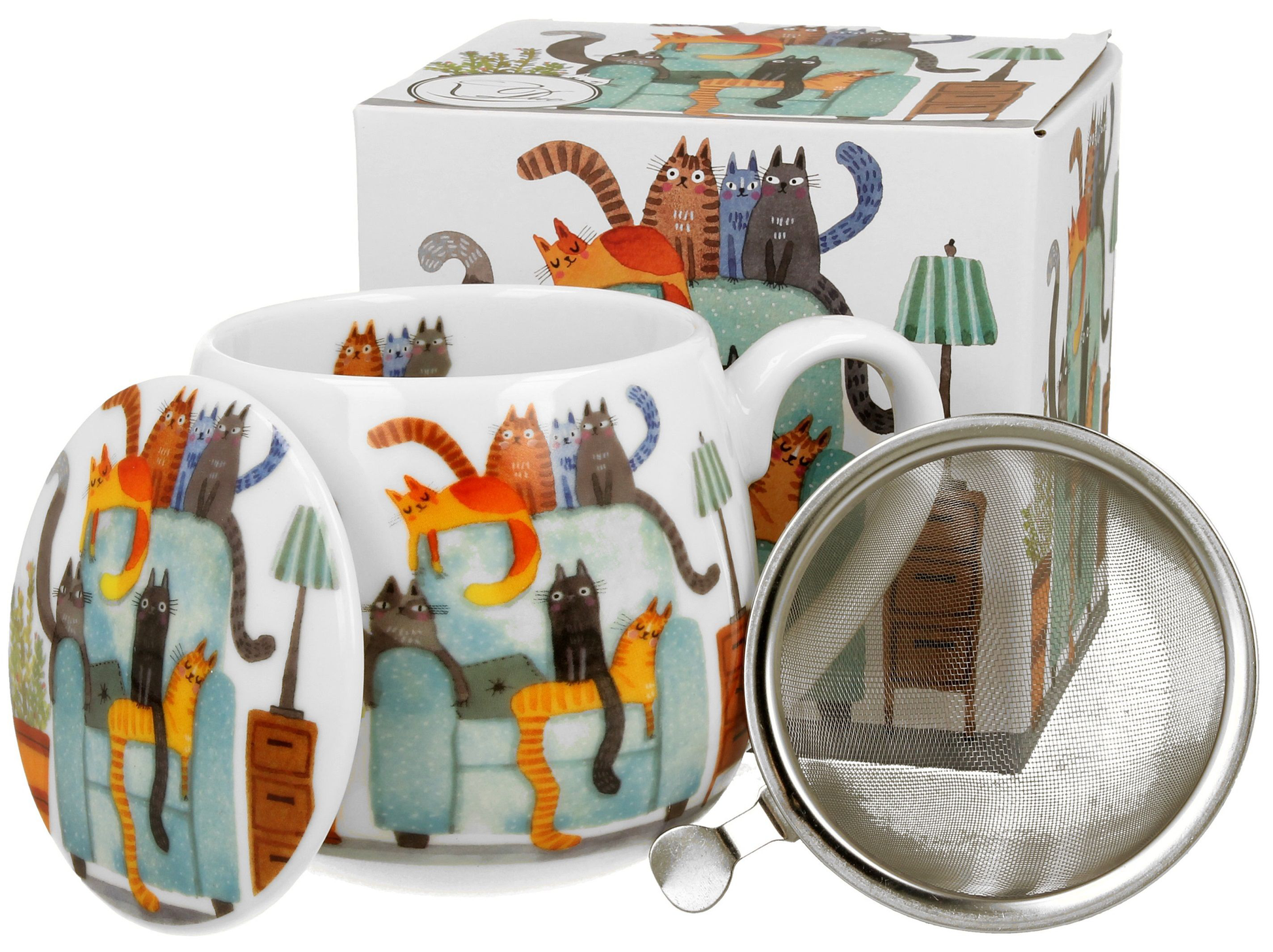 Zestaw kubek porcelanowy Baryłka Koty na fotelu z zaparzaczem i pudełkiem prezentowym.