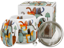 Zestaw kubek porcelanowy Baryłka Koty na fotelu z zaparzaczem i pudełkiem prezentowym.