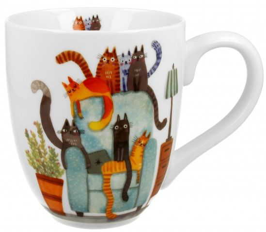 Kubek porcelanowy XXL 1000 ml z wzorem kolorowych kotów na fotelu.