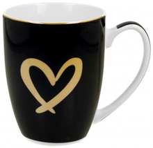 Czarno-biały kubek porcelanowy ozdobiony złotym sercem na froncie, o pojemności 360 ml.