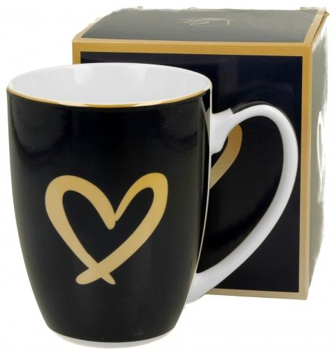Kubek porcelanowy Classic Złote Serduszko w kolorze czarnym z eleganckim złotym motywem, ustawiony obok ozdobnego pudełka prezentowego.