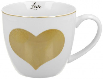 Kubek porcelanowy Złote Serce 460 ml z dużym złotym sercem i złotym rantem.