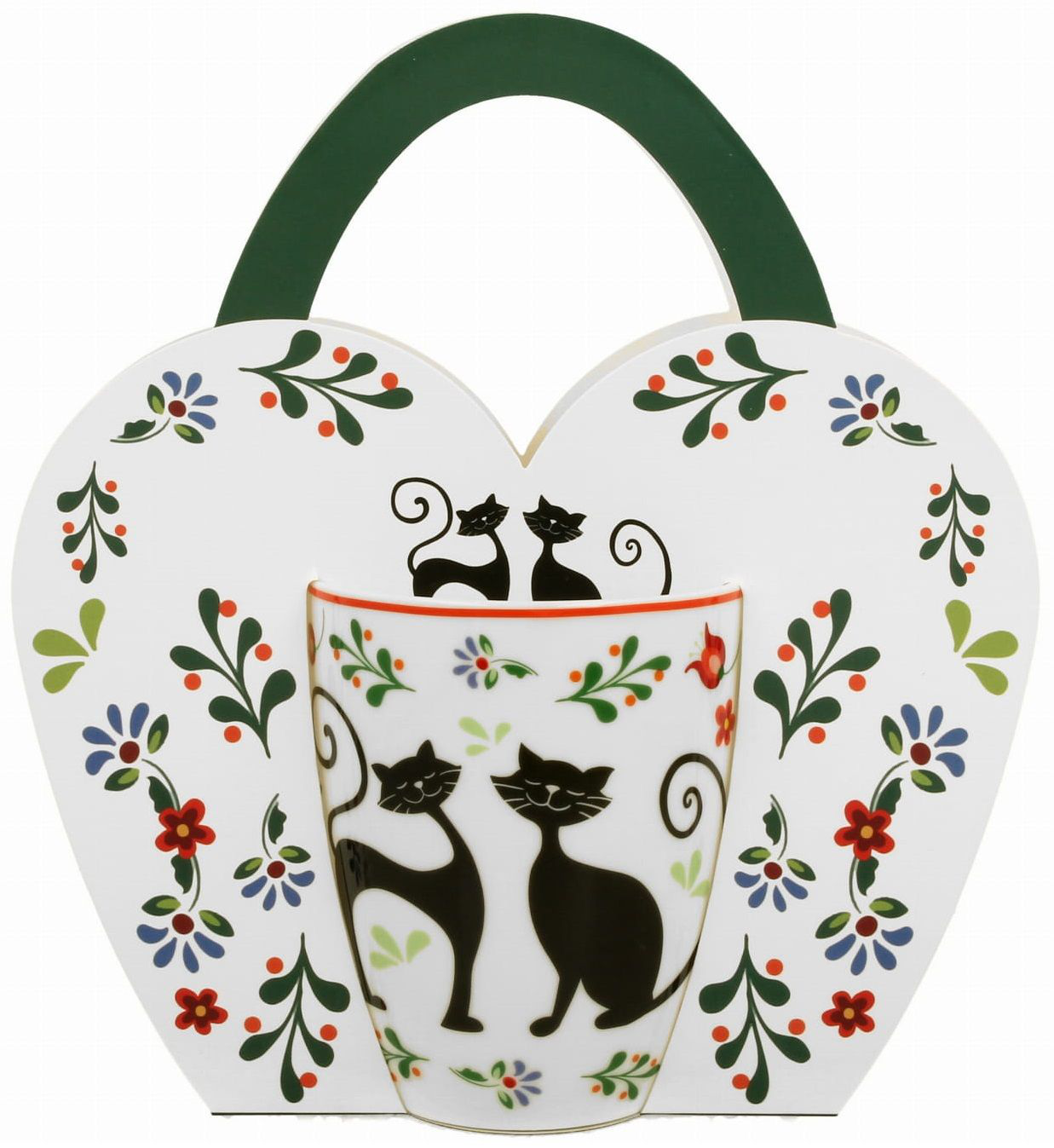 Kubek porcelanowy Kotny Etno w ozdobnym koszyczku z motywem kwiatów
