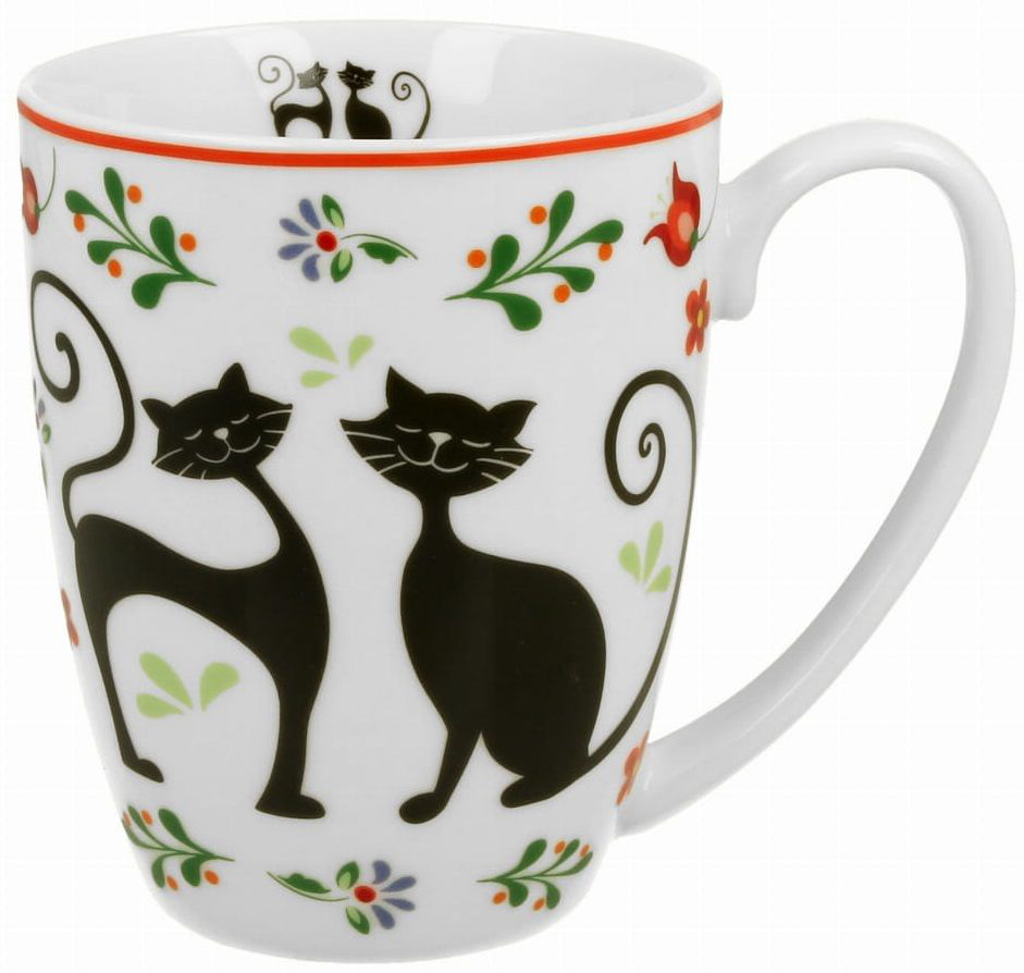 Kubek Kotny Etno z czarnymi kotami i kolorowymi wzorami roślinnymi