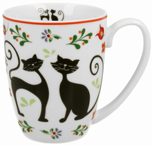 Kubek Kotny Etno z czarnymi kotami i kolorowymi wzorami roślinnymi