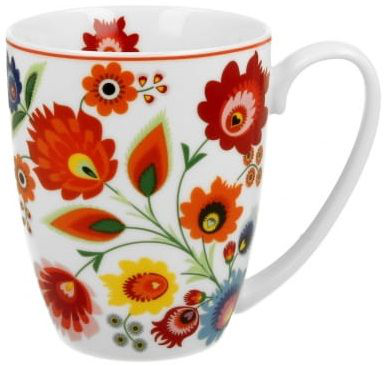 Kubek porcelanowy Łowicz 360 ml ozdobiony kolorowymi motywami kwiatowymi.