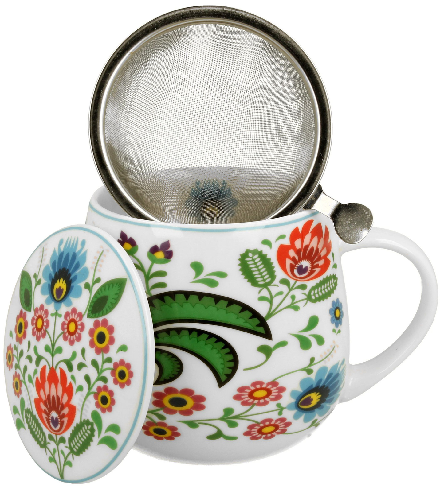 Kubek baryłka porcelanowy Koguty Folk 430 ml z zaparzaczem i pokrywką, pokazany w otwartej formie.