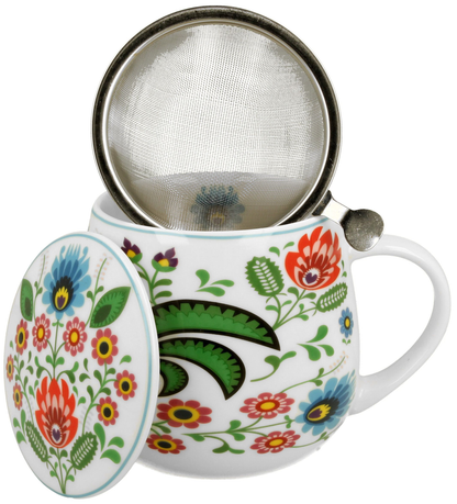 Kubek baryłka porcelanowy Koguty Folk 430 ml z zaparzaczem i pokrywką, pokazany w otwartej formie.