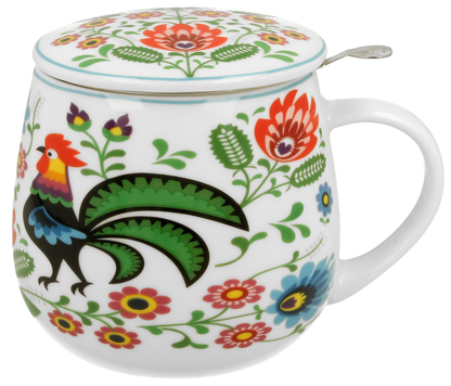 Kubek baryłka porcelanowy Koguty Folk 430 ml z dopasowaną pokrywką i folkowym wzorem koguta oraz kwiatów.