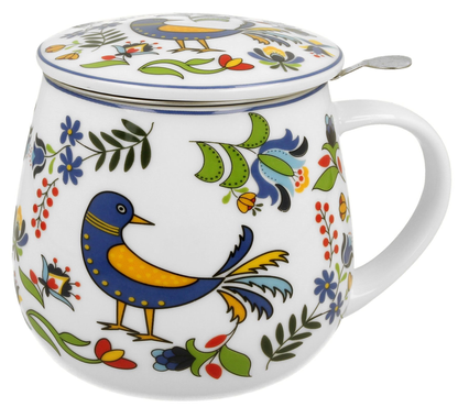 Kubek porcelanowy Ptaszek Kaszubski o pojemności 430 ml z dopasowaną pokrywką, ozdobiony ludowym wzorem w kwiaty i ptaszki.