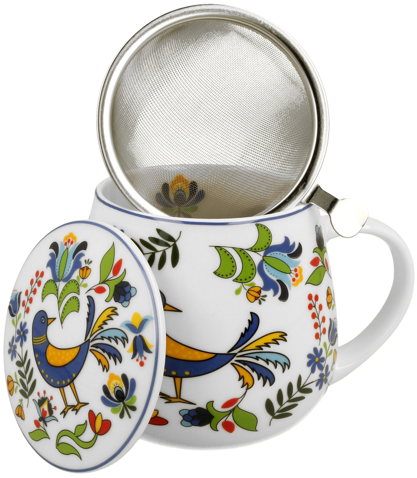 Kubek porcelanowy z zaparzaczem Ptaszek Kaszubski, widoczny metalowy filtr i pokrywka obok kubka.