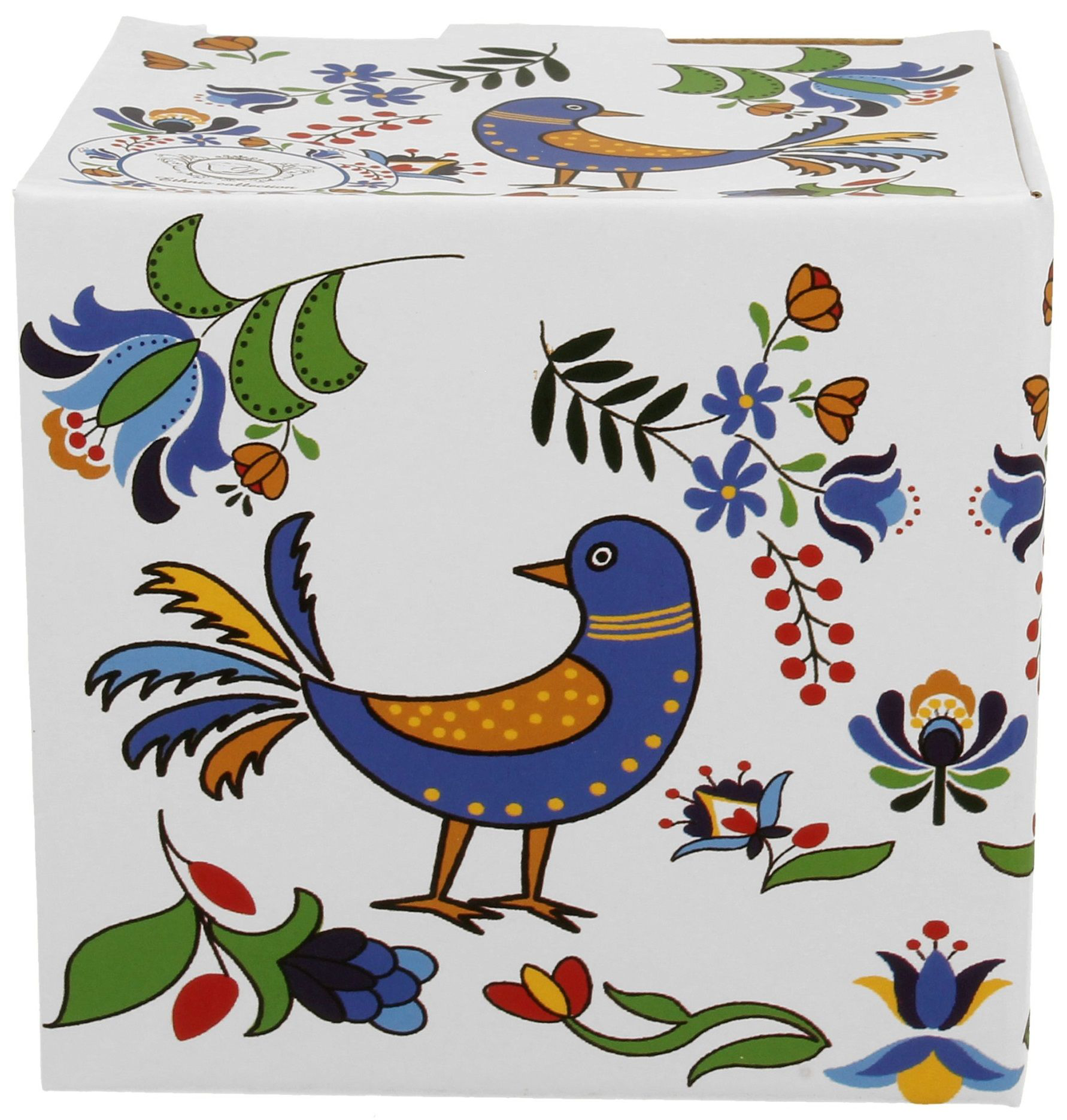 Ozdobne pudełko prezentowe z kolorowym kaszubskim wzorem i ptaszkiem w odcieniach niebieskiego i żółtego.