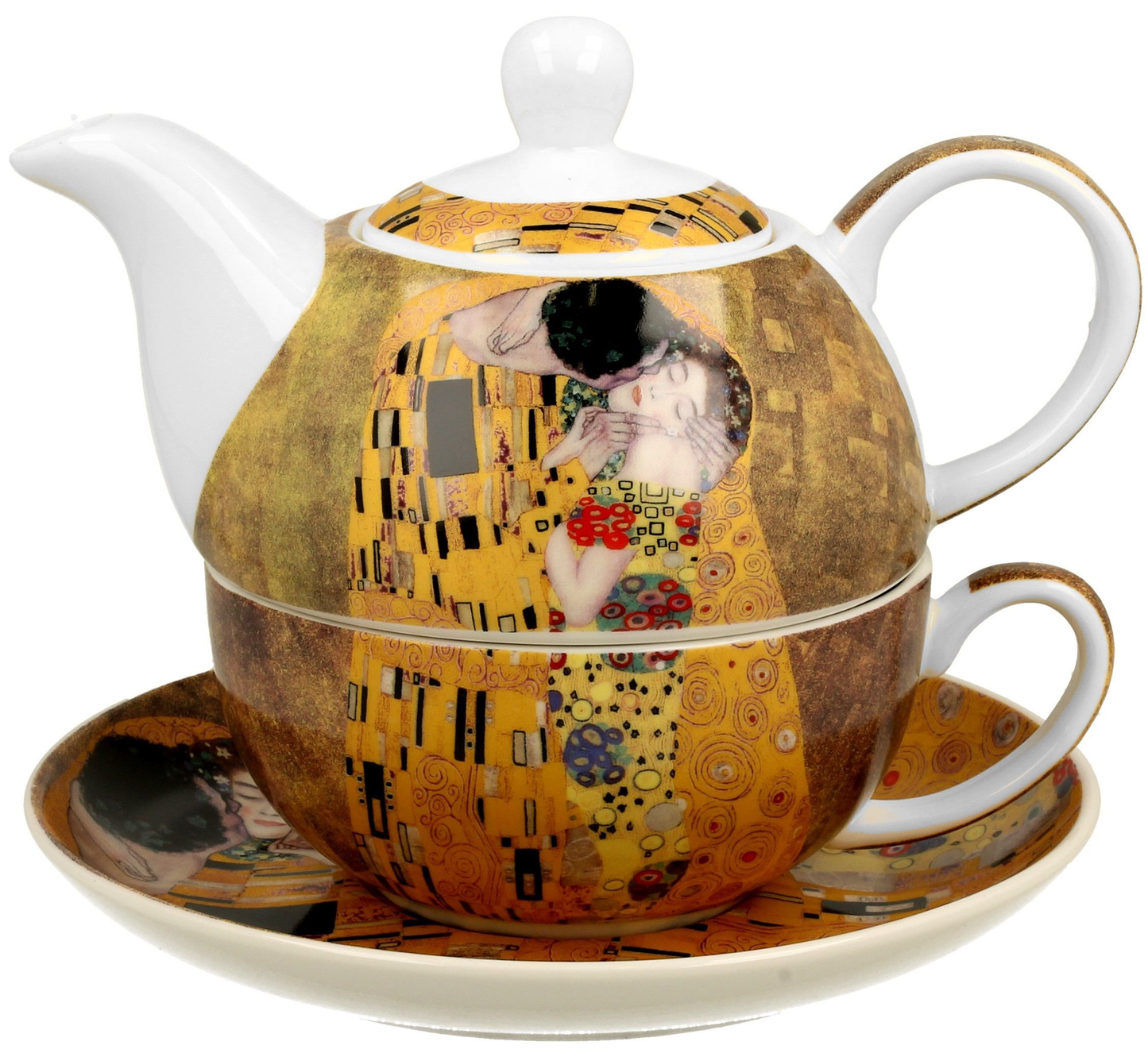 Filiżanka z dzbankiem ustawione razem na spodku z motywem obrazu „Pocałunek”.