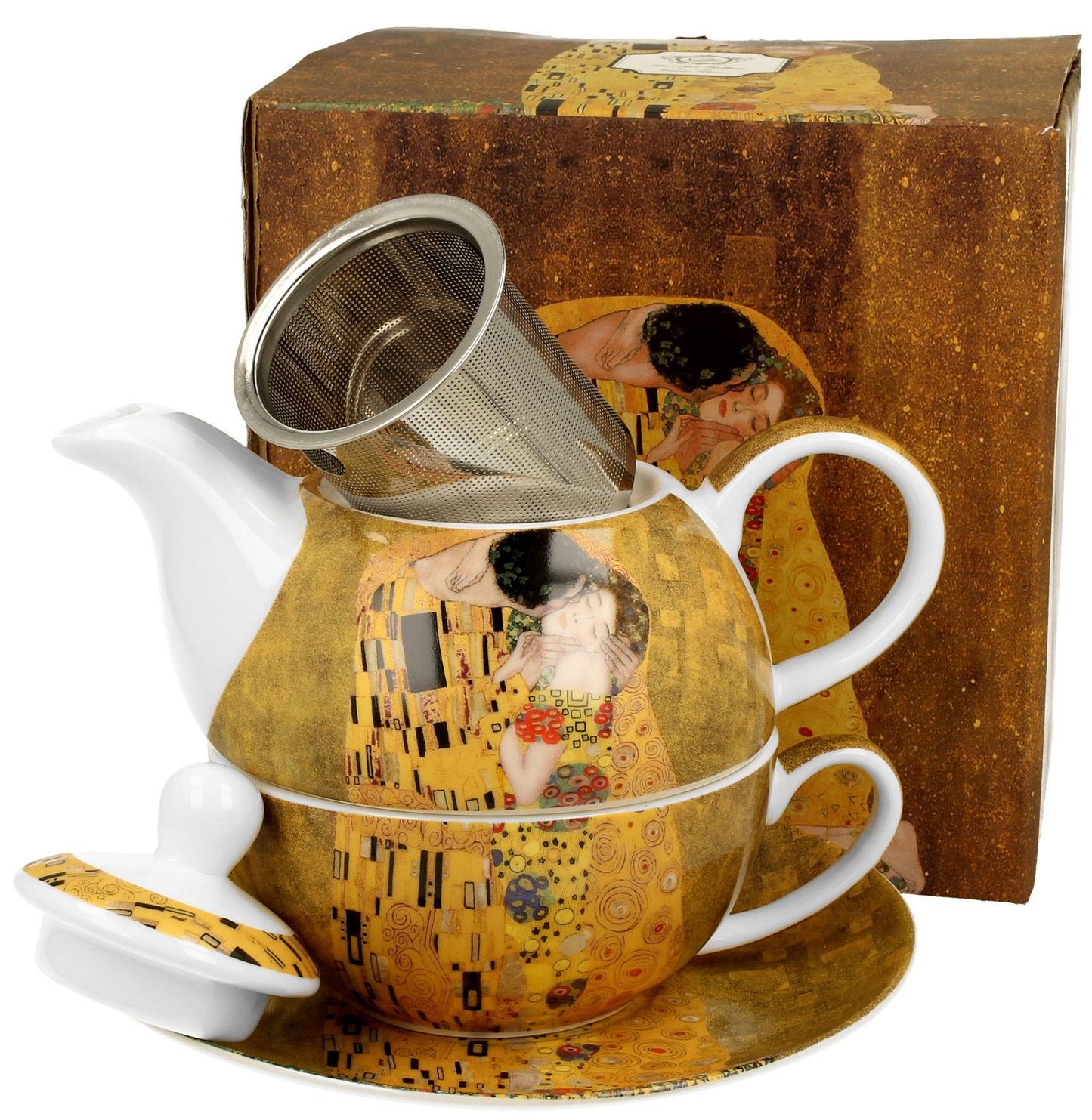 Filiżanka i dzbanek The Kiss Classic z metalowym zaparzaczem w komplecie.