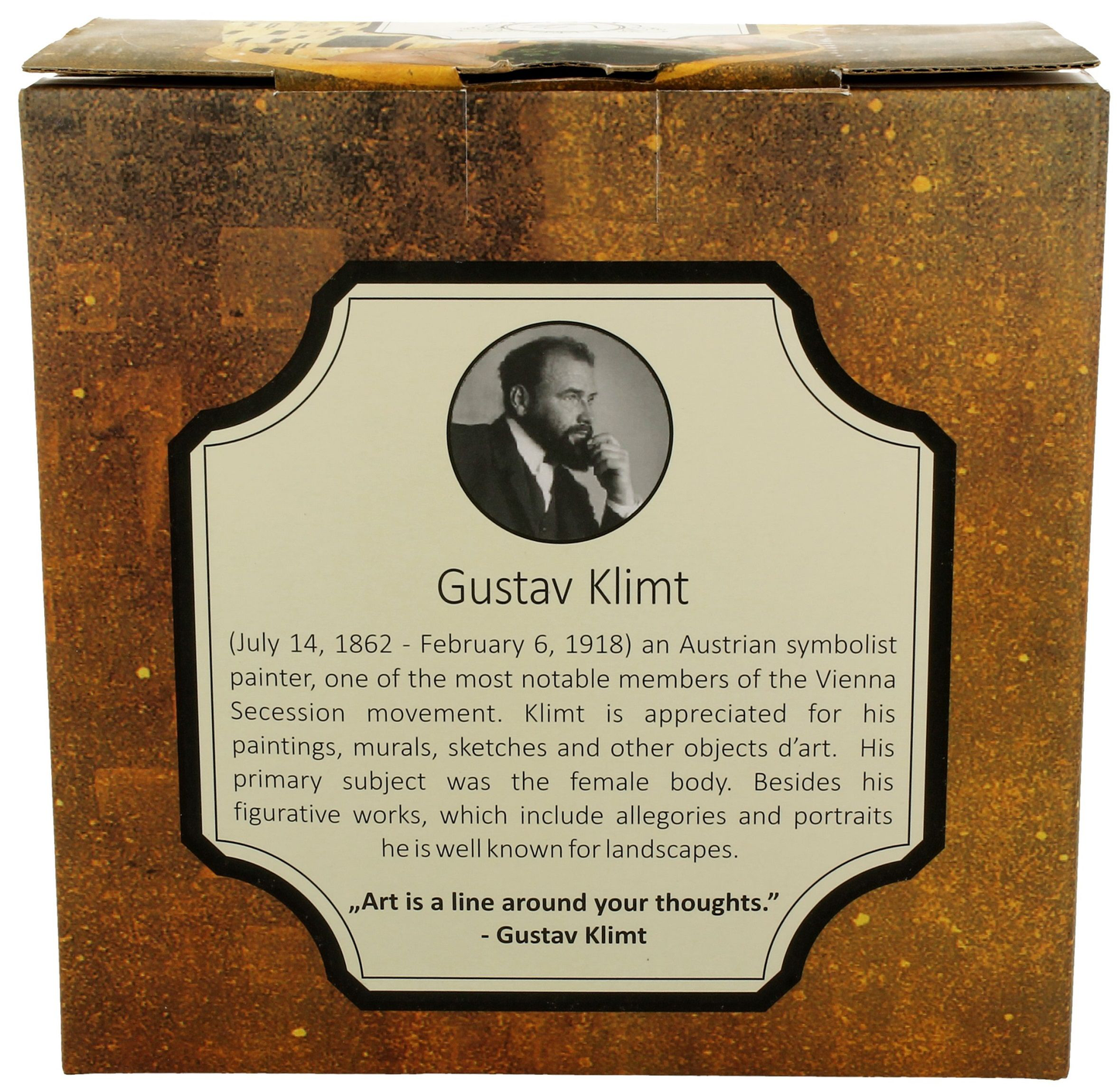 Ozdobne pudełko prezentowe z podobizną Gustava Klimta i opisem artysty.