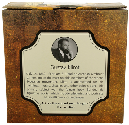 Ozdobne pudełko prezentowe z podobizną Gustava Klimta i opisem artysty.