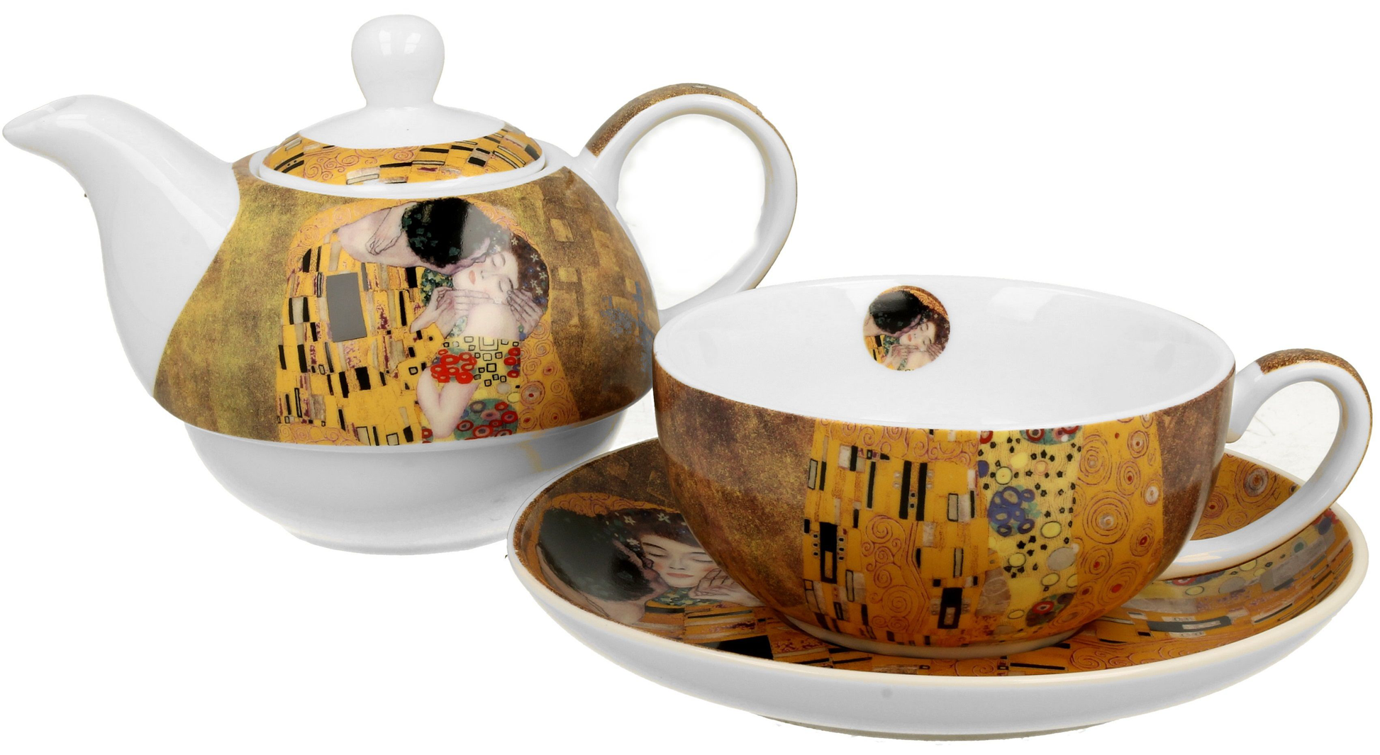 Porcelanowy zestaw The Kiss Classic – filiżanka, dzbanek i spodek ozdobione malarstwem Klimta.