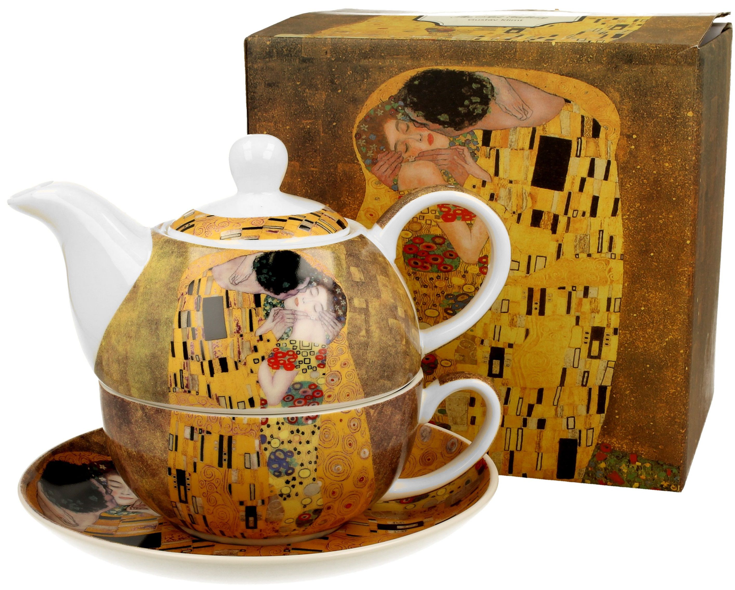 Zestaw porcelanowy The Kiss Classic zaprezentowany obok eleganckiego pudełka prezentowego.