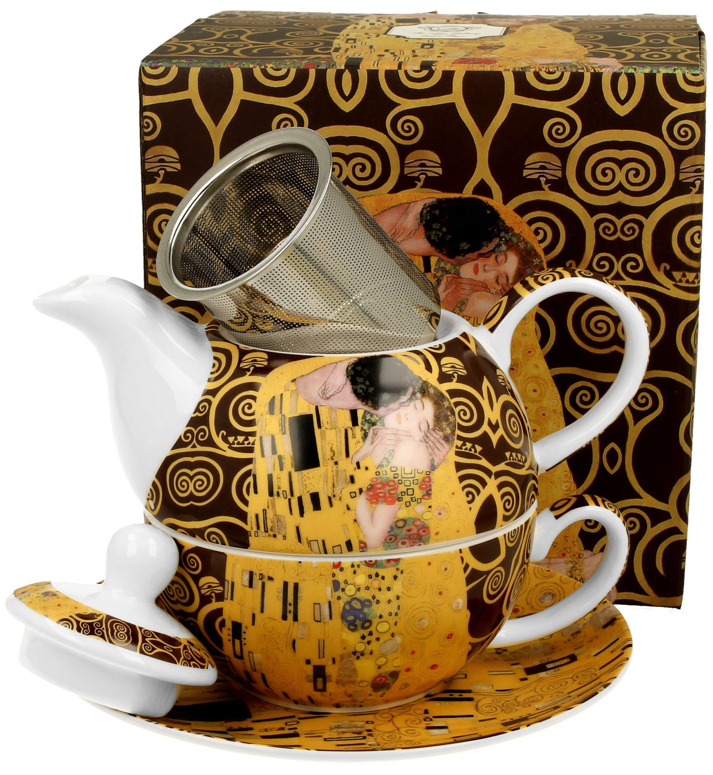 Zestaw porcelanowy The Kiss Brown obok eleganckiego pudełka prezentowego.