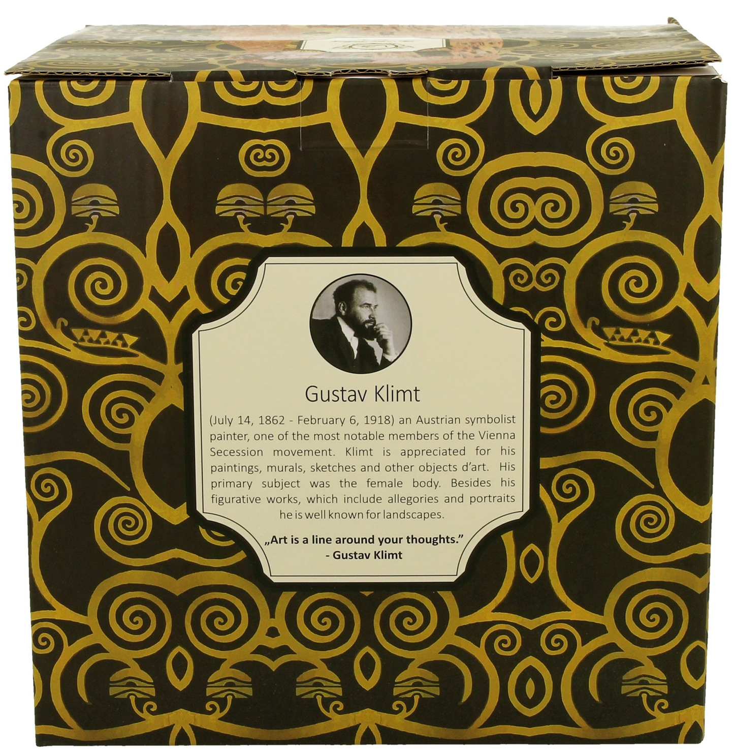 Pudełko prezentowe z portretem Gustava Klimta i złoto-brązowymi motywami secesyjnymi.