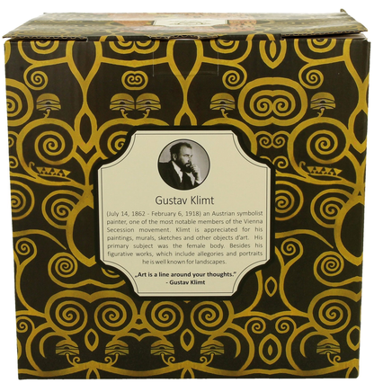 Pudełko prezentowe z portretem Gustava Klimta i złoto-brązowymi motywami secesyjnymi.