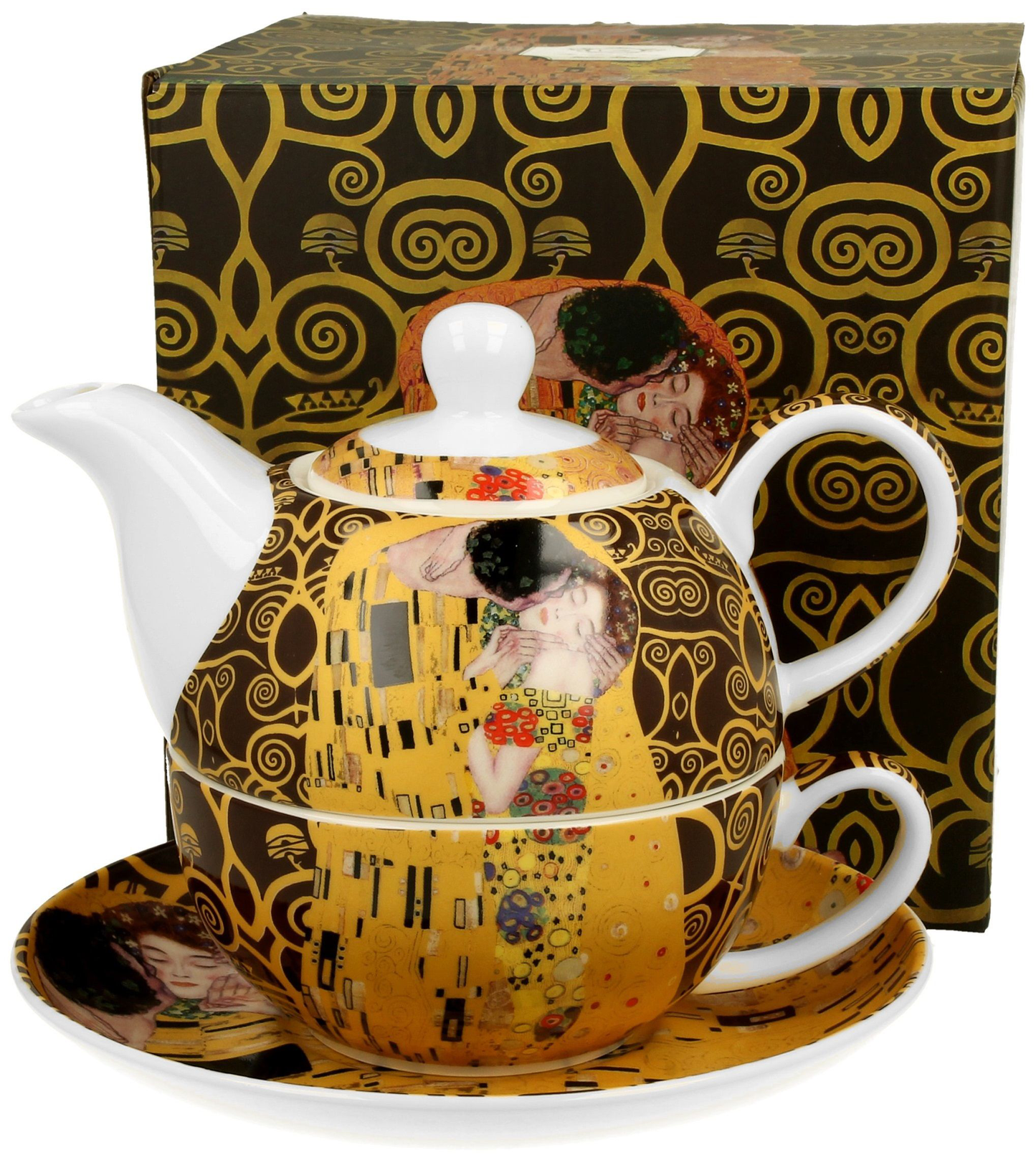 Porcelanowy zestaw The Kiss Brown – filiżanka, dzbanek i spodek ozdobione motywem „Pocałunku”.