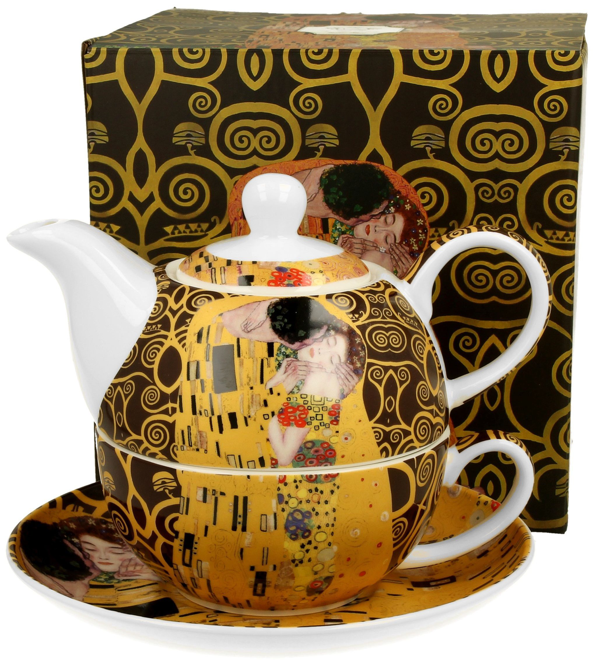 Porcelanowy zestaw The Kiss Brown – filiżanka, dzbanek i spodek ozdobione motywem „Pocałunku”.