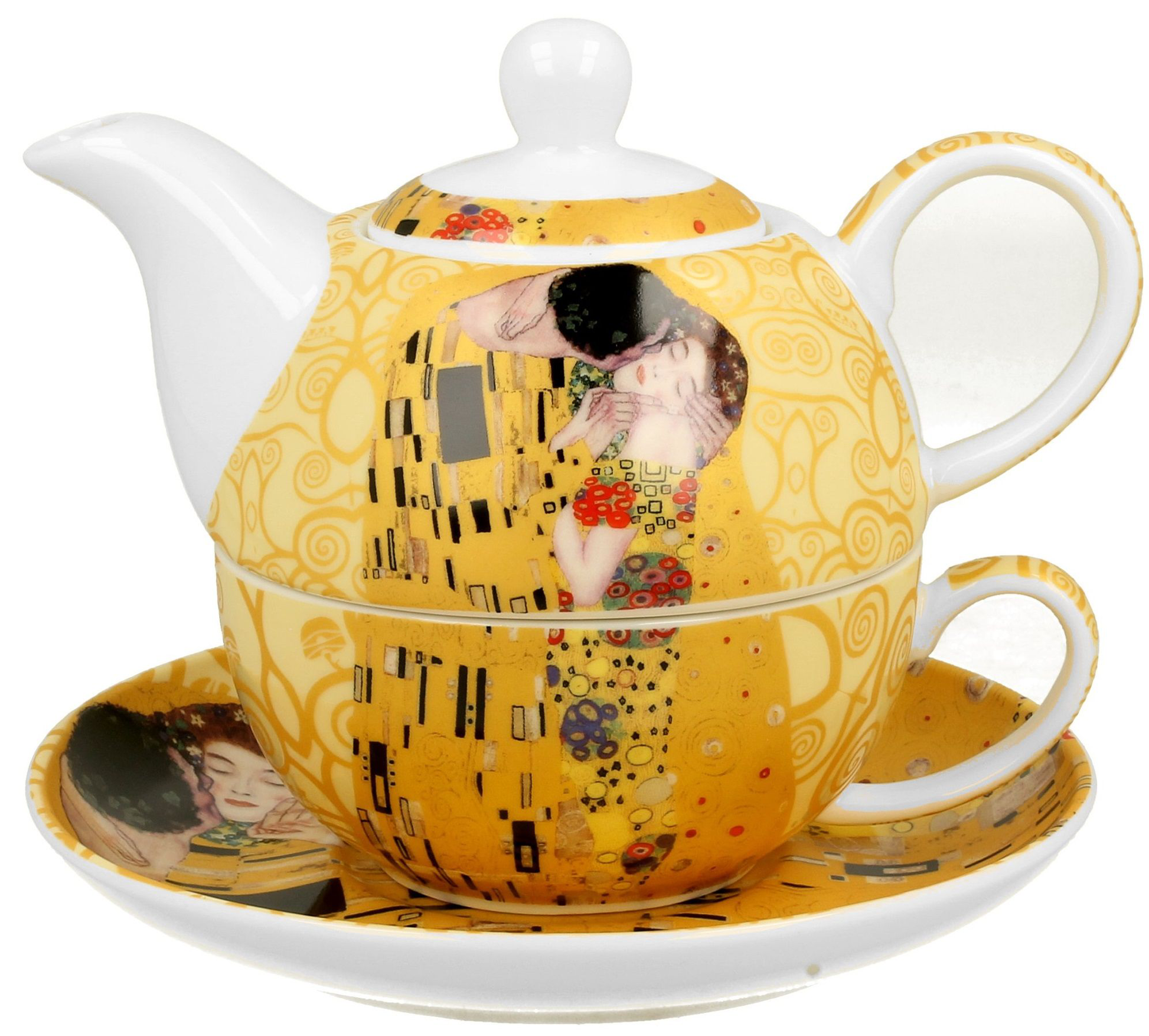 Filiżanka z dzbankiem ustawione razem na spodku w odcieniach złota i ecru.