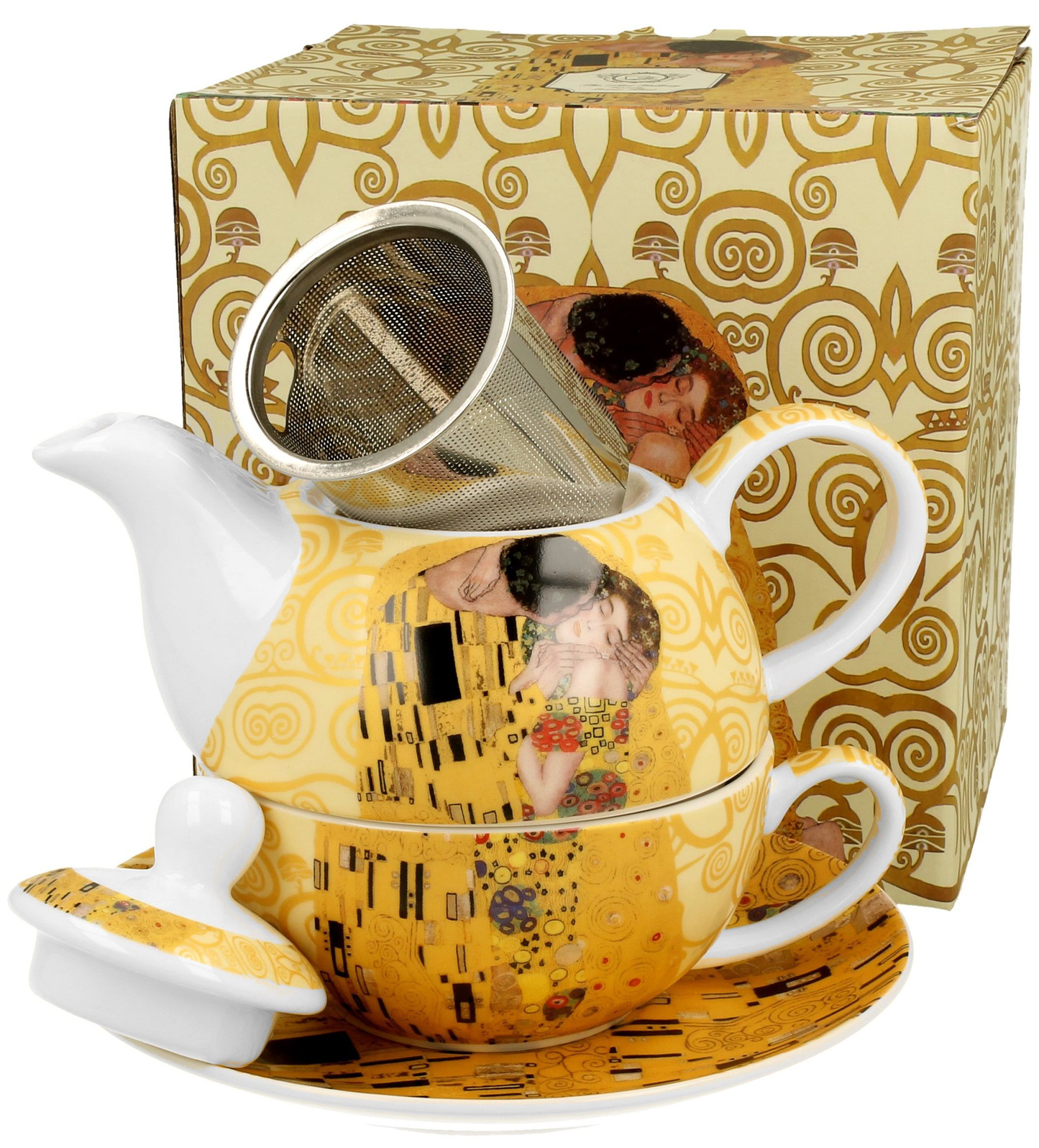 Filiżanka i dzbanek The Kiss Ecru z metalowym zaparzaczem w komplecie.