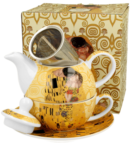 Filiżanka i dzbanek The Kiss Ecru z metalowym zaparzaczem w komplecie.