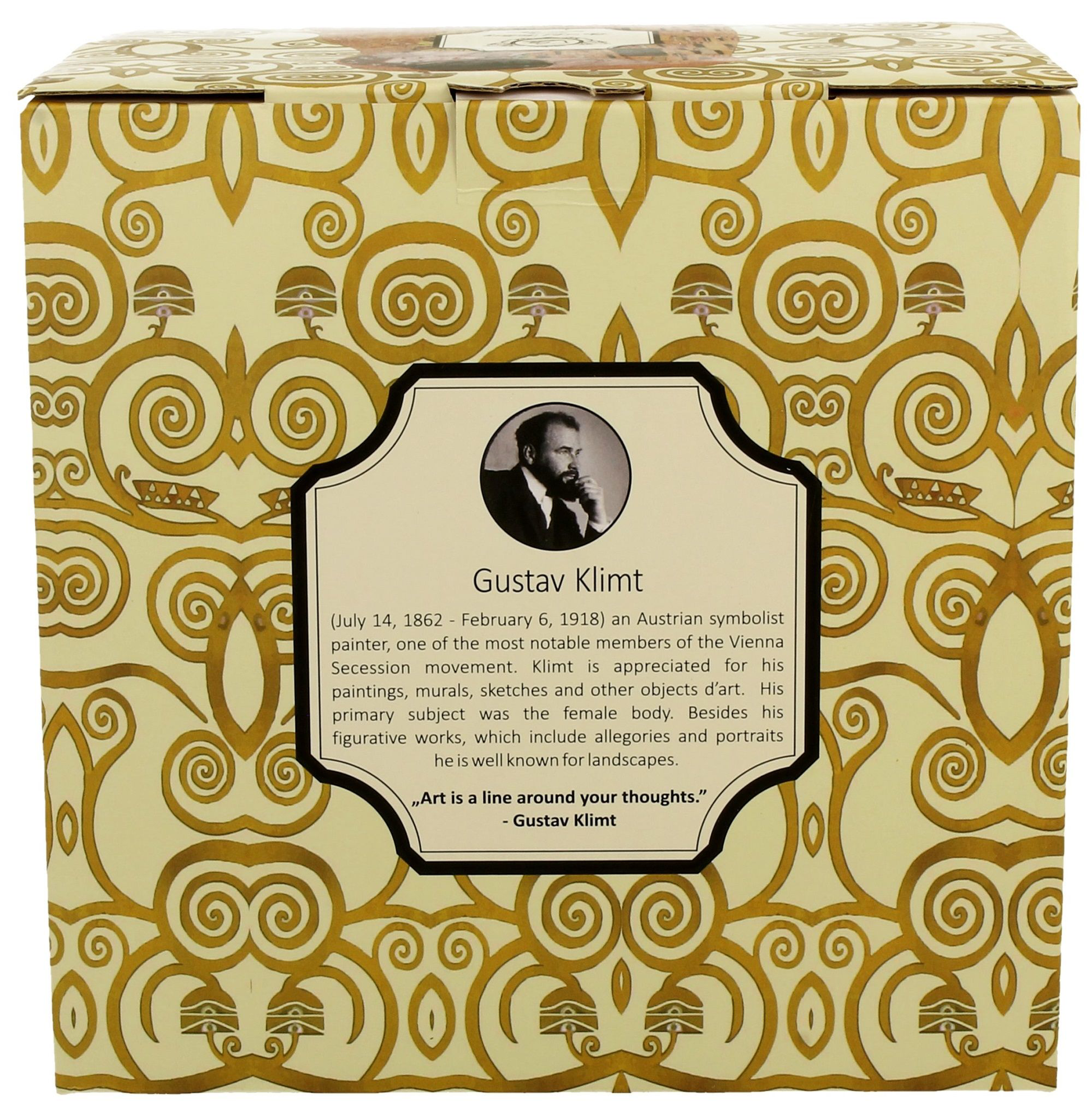 Eleganckie pudełko prezentowe z wizerunkiem Gustava Klimta i złotymi wzorami w stylu secesyjnym.
