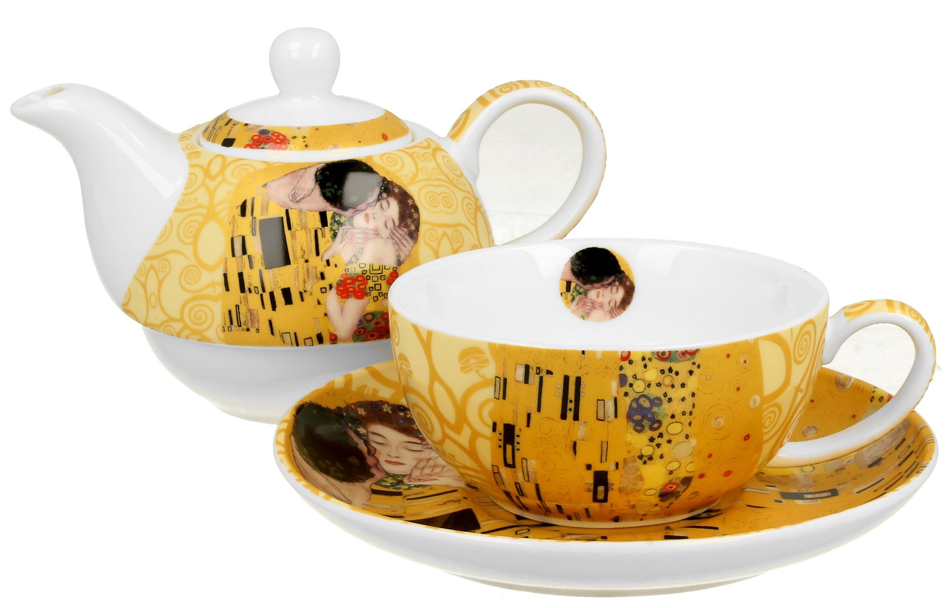 Porcelanowy zestaw The Kiss Ecru – filiżanka, dzbanek i spodek ozdobione motywem „Pocałunku”.