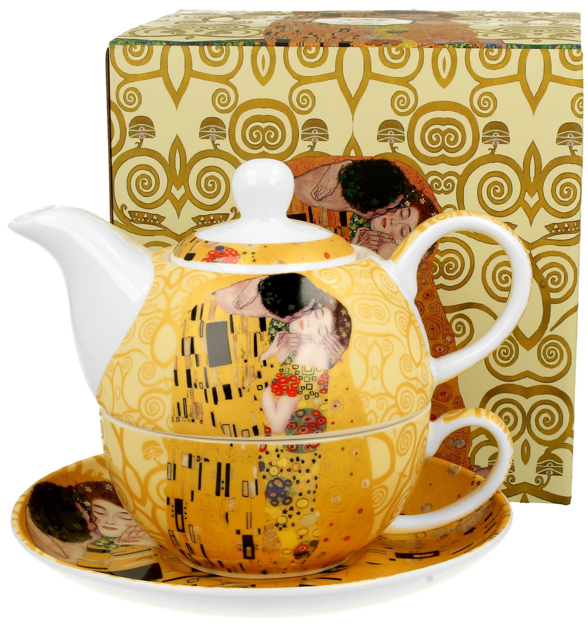 Zestaw porcelanowy The Kiss Ecru obok dekoracyjnego pudełka prezentowego.