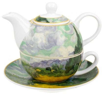 Filiżanka z dzbankiem ustawione na spodku, ozdobione pejzażem van Gogha.