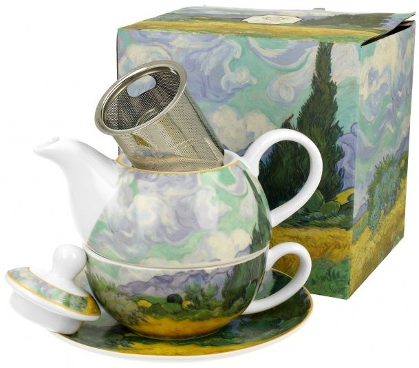 Filiżanka i dzbanek Wheat Field van Gogh z metalowym zaparzaczem w komplecie, obok ozdobnego pudełka.