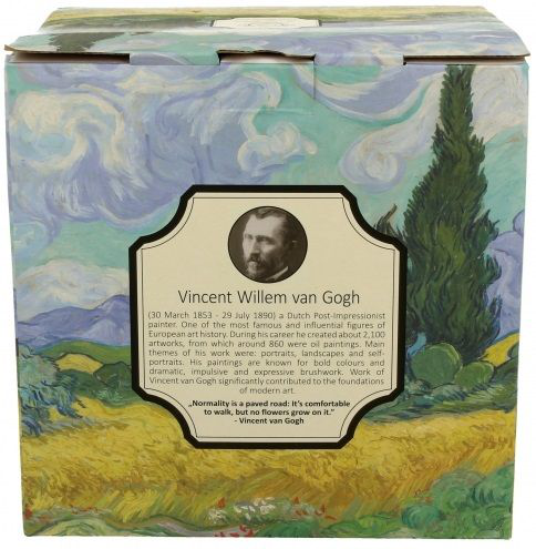 Ozdobne pudełko prezentowe z wizerunkiem Vincenta van Gogha i motywem jego obrazu „Pole pszenicy”.